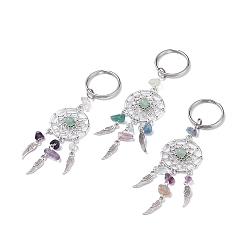 Fluorite Natural Chip Fluorite & Green Aventurine Keychain, with Tibetan Style Pendants and 316 Surgical Stainless Steel Key Ring, Woven Net/Web with Feather, 107mm, Pendant: 82x28x7mm