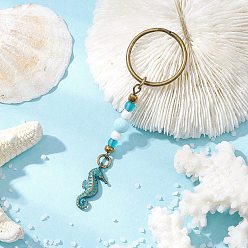 Sea Horse Брелки с подвеской в виде ракушки из сплава, со стеклянными бусинами, латунными соединительными кольцами, натуральными бусинами из говлита, никелированными разъемными кольцами с железным покрытием и железной булавкой с ушком, античная бронза, морской конек, 85 мм, Кулон : 22x9x3 мм