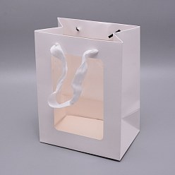 Blanco Bolsas de papel kraft con asa, con asas de cordón y ventana rectangular, bolsa de compras al por menor, bolsa de mercadería, regalo, bolsa de fiesta, Rectángulo, blanco, 15x10x20 cm, ventana: 14x9 cm