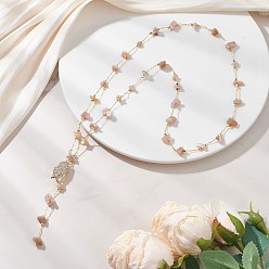 Солнечный Камень Ожерелья из цепочек ручной работы с натуральным солнечным камнем, Латунные ожерелья-лариаты с микропаве из прозрачных листьев для женщин, золотые, 29.76 дюйм (75.6 см)