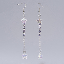Лиловый Стекло из бисера мотаться серьги, с латунными крючками для серег и 316 хирургическими цепочками из нержавеющей стали и акриловыми бусинами, звезда, сирень, 95 мм , штифт: 0.6 мм