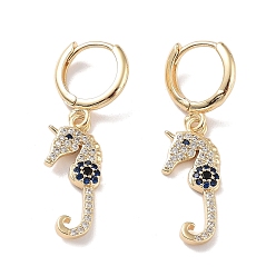 Bleu Foncé Boucles d'oreilles pendantes à fermoir à levier en laiton doré, avec zircons, cheval de mer, bleu foncé, 36.5x10.5mm