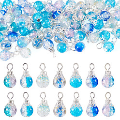 Mixed Color 70Pcs 7 Colors Crackle Glass Pendants, Round Charm, with Iron Loop & Bead Cap, Platinum & Silver, Mixed Color, 15mm, Hole: 2.5mm, 10pcs/color