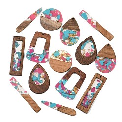 Deep Pink Walnut Wood & Transparent Resin & Gold Foil Pendants, Mixed Shapes Charm, Deep Pink, 28~52x7.5~27.5x3~3.5mm, Hole: 1.5~2mm, about 14pcs/set