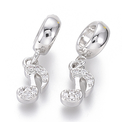 Platinum Brass Micro Pave Clear Cubic Zirconia European Dangle Charms, Large Hole Pendants, Musical Note, Platinum, 19.5mm, Hole: 4.5mm, Musical Note: 10x5.5x2.5mm