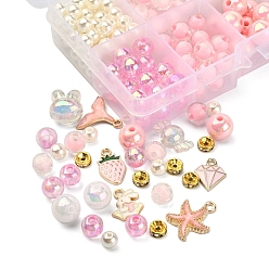 Pink DIY Cute Stretch Bracelet Making Kit, Including Imitation Pearl & Candy Acrylic Beads, Rabbit & Sakura & Strawberry & Whale Tail & Diamond Alloy Enamel Pendants, Pink, 6mm, Hole: 2mm
