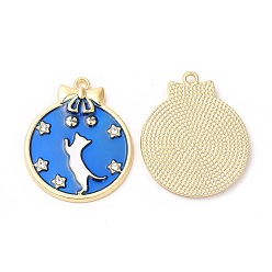 Синий Подвески из эмали и сплава, со стразами, без кадмия, без никеля и без свинца, золотые, плоский круглый узор с кошкой и звездой, синие, 26.5x22x2.5 мм, отверстие : 1.6 мм