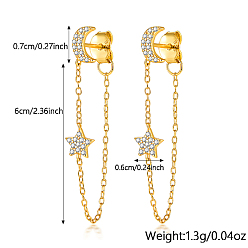 Real 18K Gold Plated 925 Sterling Silver Moon & Star Stud Earrings, Chains Tassel Earrings, with 925 Stamp, Real 18K Gold Plated, 67mm