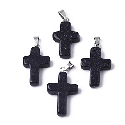 Синий Драгоценный Камень Синтетический синий авантюрин подвески, окрашенные, с латунным прижимных поручительств, с покрытием платиным, крестик, 26~30.5x15.5~19.5x4~6 мм, отверстие : 3x6 мм