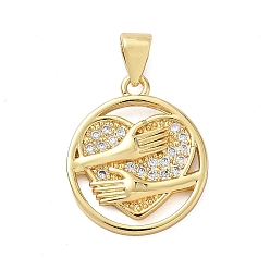 Настоящее золото 18K Латунные микропаве прозрачные подвески с фианитом, плоский круглый с сердечками, стойки покрытие, долговечный, без свинца и без кадмия, реальный 18 k позолоченный, 18.5x16x2 мм, отверстие : 4x3.4 мм