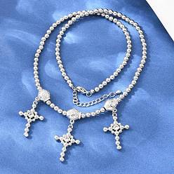 Платина Женское ожерелье-нагрудник из латуни с микропаве из прозрачных кубических цирконий в виде креста., долговечный, стойки покрытие, без свинца и без кадмия, платина, 17.60 дюйм (44.7 см)