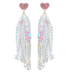 Белый Серьги-гвоздики в форме сердца из акрила и пластика с блестками и кисточками, золотые, белые, 110 мм