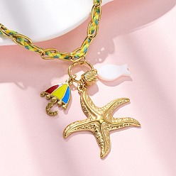 Настоящее золото 18K Ожерелья с подвесками в виде морских звезд и зонтиков из нержавеющей стали с эмалью, с веревкой и белой ракушкой, ионное покрытие (ip), реальный 304 k позолоченный, 18 дюйм (17.01 см)