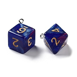 Dark Blue 7Pcs 7 Styles Opaque Resin Polyhedral Dice Pendants Set, Multi-Sided Dice Charms with Platinum Plated Iron Loops, Mixed Shapes, Dark Blue, 20~28x19~24x17~24mm, Hole: 2mm, 1pc/style