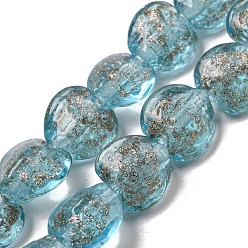 Light Sky Blue Handmade Gold Sand Lampwork Beads Strands, Heart, Light Sky Blue, 10.5~11x11.5~12x6.5~7.5mm, Hole: 1.2mm, about 45pcs/strand, 18.90 inch(48cm)