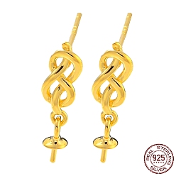 Real 18K Gold Plated 925 Sterling Silver Stud Earring Findings, for Half Drilled Beads, with S925 Stamp, Real 18K Gold Plated, 15x4mm, Pin: 10.5x0.7mm and 0.7mm