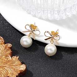 Golden Brass Bowknot Dangle Stud Earrings, with Shell Pearl for Women, Golden, 20x14mm