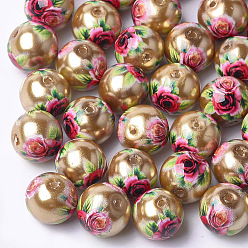 Goldenrod Printed & Spray Painted Imitation Pearl Glass Beads, Round with Flower Pattern, Goldenrod, 10~10.5x9.5mm, Hole: 1.6mm
