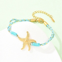 Светло-Голубой 304 из нержавеющей стали ссылка браслеты, Браслеты из хлопковой веревки, плетеные для женщин, реальный 18 k позолоченный, Небесно-голубой, 6.89 дюйм (17.5 см), звезды: 25x24x2.5 мм