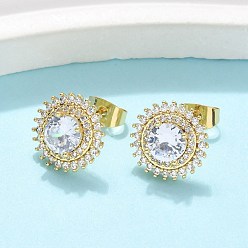 Настоящее золото 16K Серьги-гвоздики из латунного микро-паве, плоско-круглые, реальный 16 k позолоченный, 12.5 мм