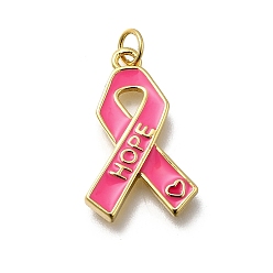 Awareness Ribbon Октябрь рак груди розовая лента осведомленности латунные эмалевые подвески, с целью перехода в кольце, без кадмия и без свинца, долговечный, стойки покрытие, реальный 18 k позолоченный, Слово надежды, 23.5x15x3 мм, отверстие : 3.5 мм