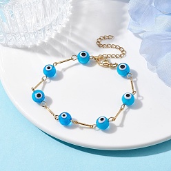 Deep Sky Blue Lampwork Evil Eye Link Chain Bracelets, with Golden Brass Bar Link Chains, Deep Sky Blue, 7 inch(17.8cm)