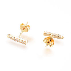 Без Покрытия Серьги-гвоздики из латуни с прозрачным фианитом и прозрачным фианитом, долговечный, полоса, с петлей и ушными гайками, сырой (без покрытия), 11x1.5x2 мм, отверстие : 1 мм, штифты : 0.7 мм