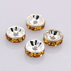 Topaz Brass Rhinestone Spacer Beads, Grade AAA, Straight Flange, Nickel Free, Silver Color Plated, Rondelle, Topaz, 6x3mm, Hole: 1mm