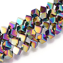 (966) Внутренний цвет Кристалл / Лиловато-лиловый на подкладке Гальванические нити из синтетических немагнитных гематитовых бусин, вакуумное покрытие pvd, диагональные кубические бусины, с покрытием цвета радуги, 5.5x5.5x5.5 мм, отверстие : 0.8 мм, около 0.8~0.9 мм, около 76~79 шт / нитка, 15.35~15.75'' (39~40 см)