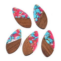 Темно-Розовый Подвески из прозрачной смолы и ореха, подвески-капли с золотой фольгой, темно-розовыми, 48.5x23.5x3.5 мм, отверстие : 2 мм