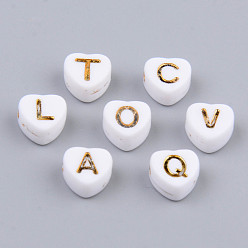 White Electroplate Opaque Acrylic Beads, Horizontal Hole, Heart with Mixed Golden Letters, White, 7x7x4mm, Hole: 1.5mm, about 3600pcs/500g