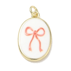 Pink Printed Brass Pendants, Oval with Bowknot Charms, Golden, Pink, 22.5~23x14.5x3~4mm, Hole: 4mm
