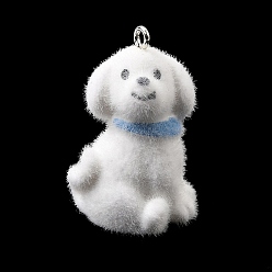 Собака Флокированные подвески из непрозрачной смолы, с платиновыми тоновыми железными петлями, белые, собачий шарм, 34x21x20 мм, отверстие : 2 мм