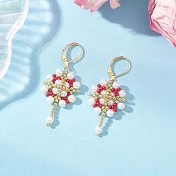 Красный Цветок с крестом 304 серьги из нержавеющей стали стеклянные семена серьги с застежкой-молнией, золотые, красные, 49x20.5 мм