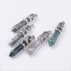 Indian Agate Natural Indian Agate Big Pointed Pendants, with Alloy Findings, Faceted, Bullet, Platinum, 59~63x11~12mm, Hole: 4x7mm