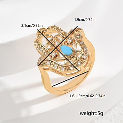 Бирюза Кольца для женщин с микропаве из латуни и кубическими цирконами, хамса рука, золотые, бирюзовые, 21x19 мм, размер США 6 (16.5 мм)