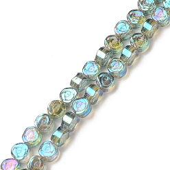 Темный Морско-зеленый Гальванизируйте прозрачное стекло бисер нитей, с полным покрытием цвета радуги, плоско-круглые с розой , темно-зеленый, 6x4 мм, отверстие : 0.8 мм, около 110 шт / нитка, 25.98 дюйм (66 см)