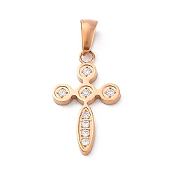Розовое Золото 304 подвески из нержавеющей стали, с четким кубического циркония, крест прелести, ионное покрытие (ip), розовое золото , 25x14.5x2 мм, отверстие : 3x6.2 мм