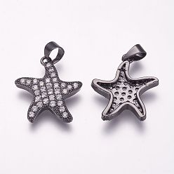 Черный Цвет Металла Латунные микро проложить кубического циркония подвески, морская звезда / морские звезды, металлический черный , 19x17.5x3 мм, отверстие : 3x5 мм