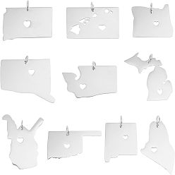 Stainless Steel Color 10Pcs 10 Style 201 Stainless Steel Pendants, Map, Stainless Steel Color, 15~30.5x17~30x1mm, Hole: 3mm, 1pc/style