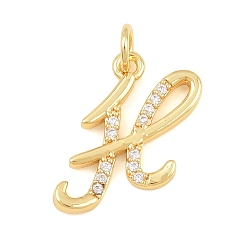 Letter H Brass Micro Pave Clear Cubic Zirconia Pendants, Letter Charms, Cadmium Free & Lead Free, Real 18K Gold Plated, Letter H, 18.5x11x2mm, Hole: 5mm
