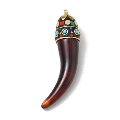 Dark Red Brass & Resin & Polymer Clay & Natural Shell Big Pendants, Horn Cornicello Charm, Dark Red, 91~93.5x22.5~24x23.5~24.5mm, Hole: 4~4.5x4.5~5mm