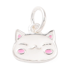 Белый Форма кошки 925 подвески из стерлингового серебра, с эмалью и переходными кольцами и штампом s925, белые, 8x9x1.3 мм, отверстие : 3.6 мм