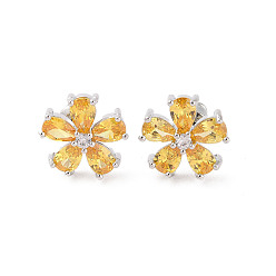 Золотистый Серьги-гвоздики из латуни с микропаве из кубического циркония, долговечный, цветок, платина, золотые, 14x14 мм