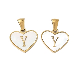 Letter Y 304 сердце из натуральной белой ракушки из нержавеющей стали с подвесками в виде инициалов, ионное покрытие (ip), золотые, Письмо Y, 14x16x2 мм, отверстие : 4.5x3 мм