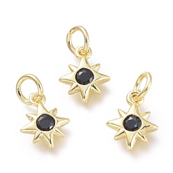 Черный Латунные микро проложить кубического циркония подвески, с прыжковых колец, звезда, реальный 18 k позолоченный, чёрные, 10x8x2 мм, отверстие : 3.5 мм