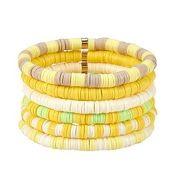 Желтый Наборы браслетов из полимерной глины хейши бусины ручной работы стрейч, с позолоченными распорными бусинами из нержавеющей стали, желтые, внутренний диаметр: 2 дюйм (5.2 см), 6 шт / комплект